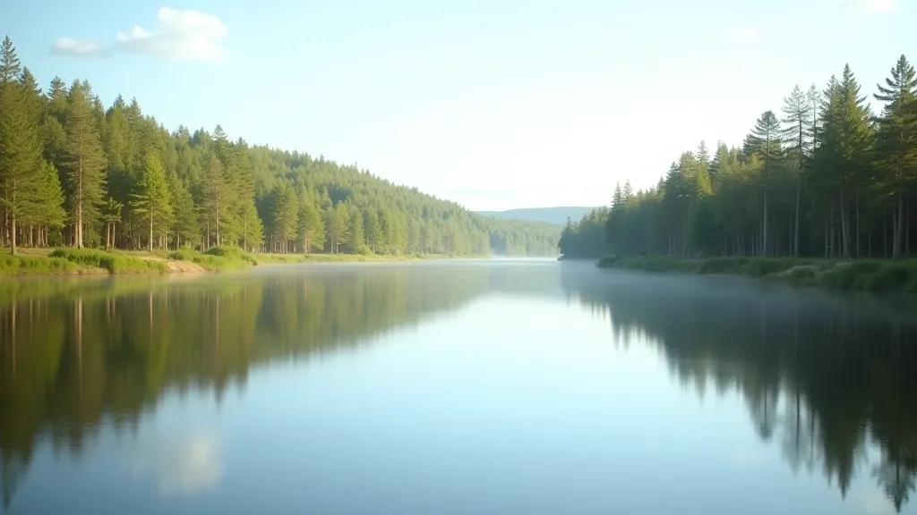 Calm lake water reflecting green forest and blue sky, peaceful natural setting in Latgale region