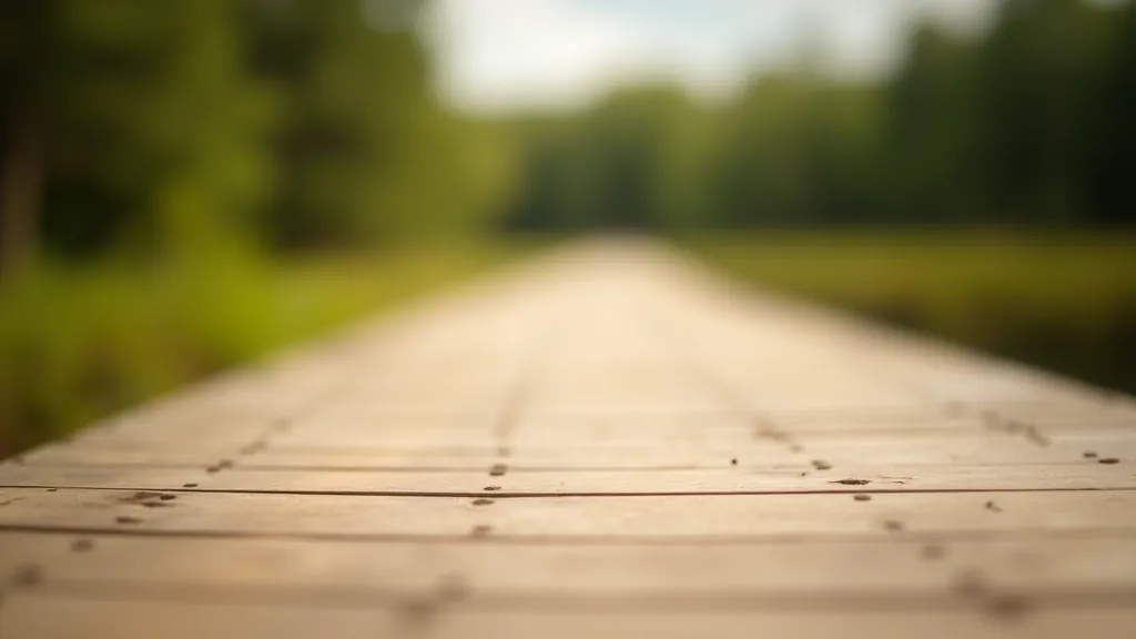 Close-up of weathered wooden boardwalk surface with natural grain texture and pine trees visible in soft focus background