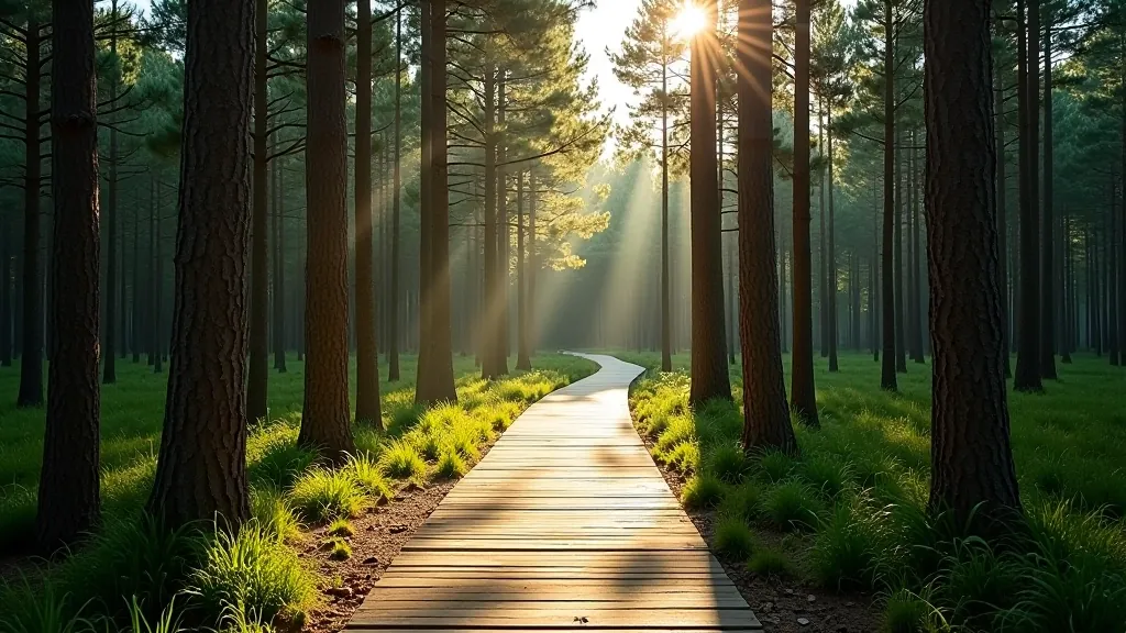 Dense pine forest with sunlight filtering through tall trees, wooden boardwalk path winding through the forest, peaceful natural setting with no people visible