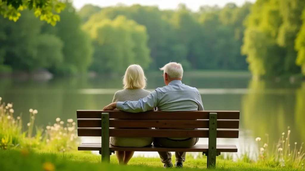 Elderly couple enjoying a peaceful picnic by the lakeside