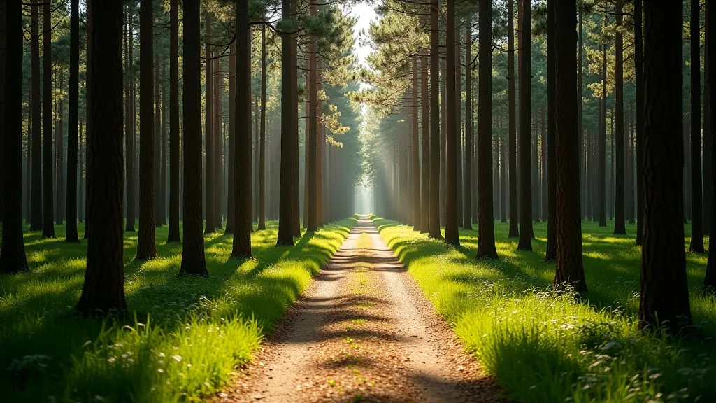 Forest path through pine woodland with dappled sunlight
