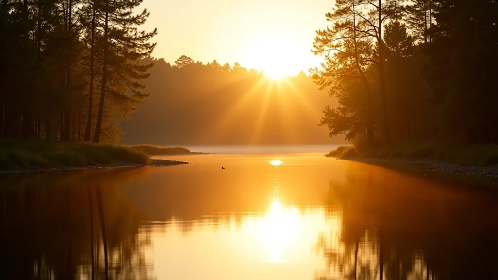 Golden hour light illuminating the Gauja River with forest-covered banks creating long shadows across the water