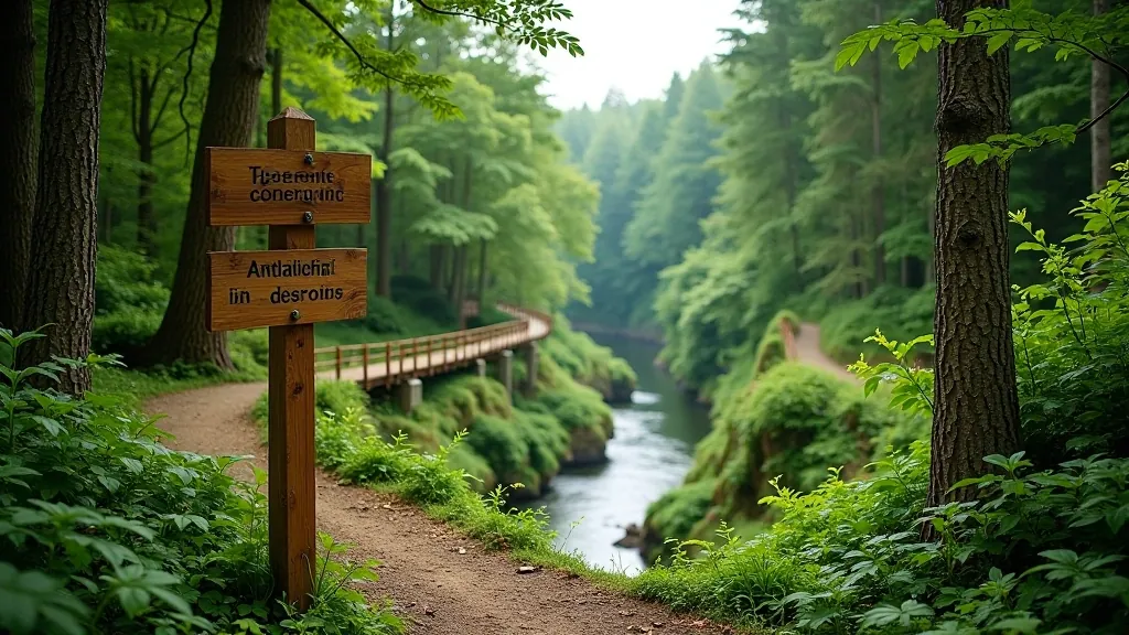 Well-marked hiking trail winding through green forest along the Gauja River valley with directional signs and wooden railings