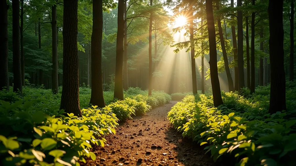 Serene forest clearing with mixed deciduous and coniferous trees, dappled sunlight on forest floor creating peaceful patterns, quiet natural atmosphere