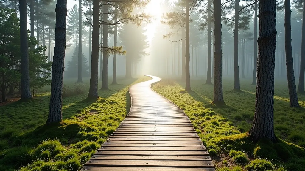 Wooden boardwalk pathway winding through green bog landscape