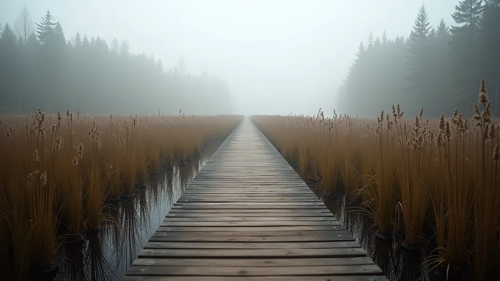Bog boardwalk path through Latvia's natural wetland habitat