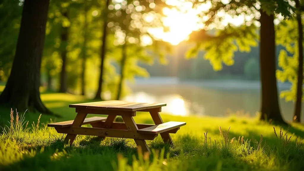 Wooden picnic table on a grassy shore with lake view, dappled sunlight through tree canopy