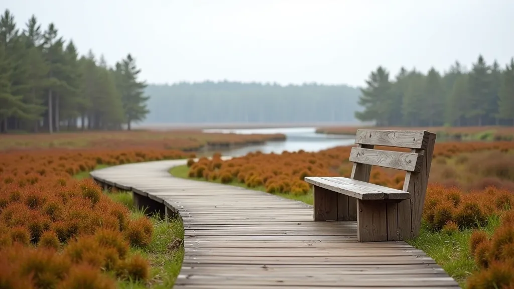 Wooden bench positioned on boardwalk overlooking open bog landscape with scattered pine trees and water visible in distance