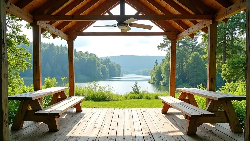 Modern rest pavilion with wooden benches overlooking the Gauja River valley, surrounded by forest in autumn colors